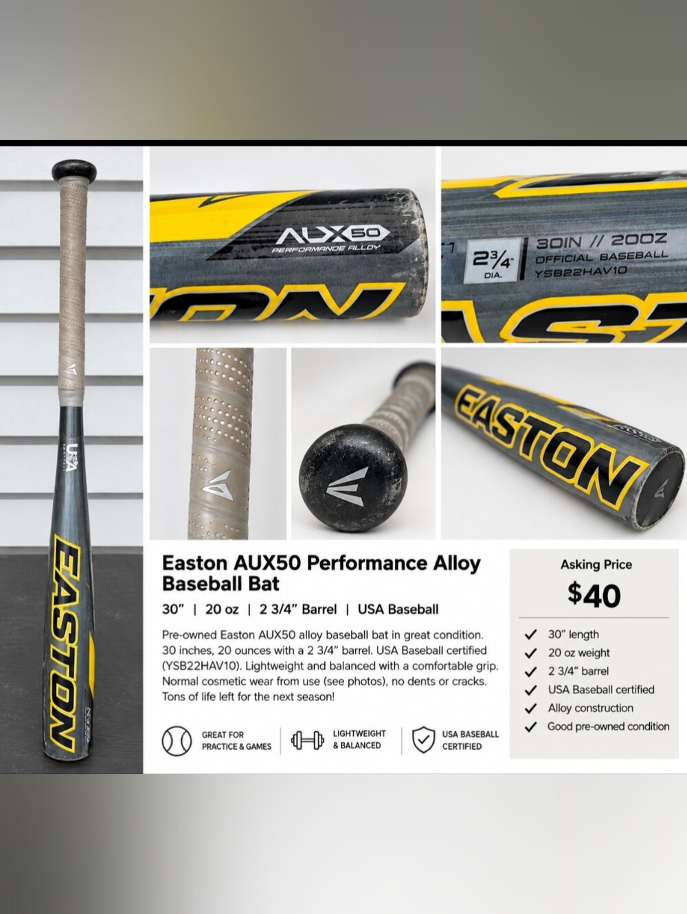 Easton ALX50 USA Baseball Bat 30” 20 oz -10 | 2 3/4” Alloy Bat